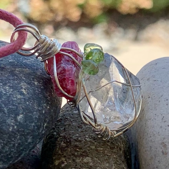 Rhodocrosite, Herkimer Diamond & Peridot Necklace - Picture 2 of 13